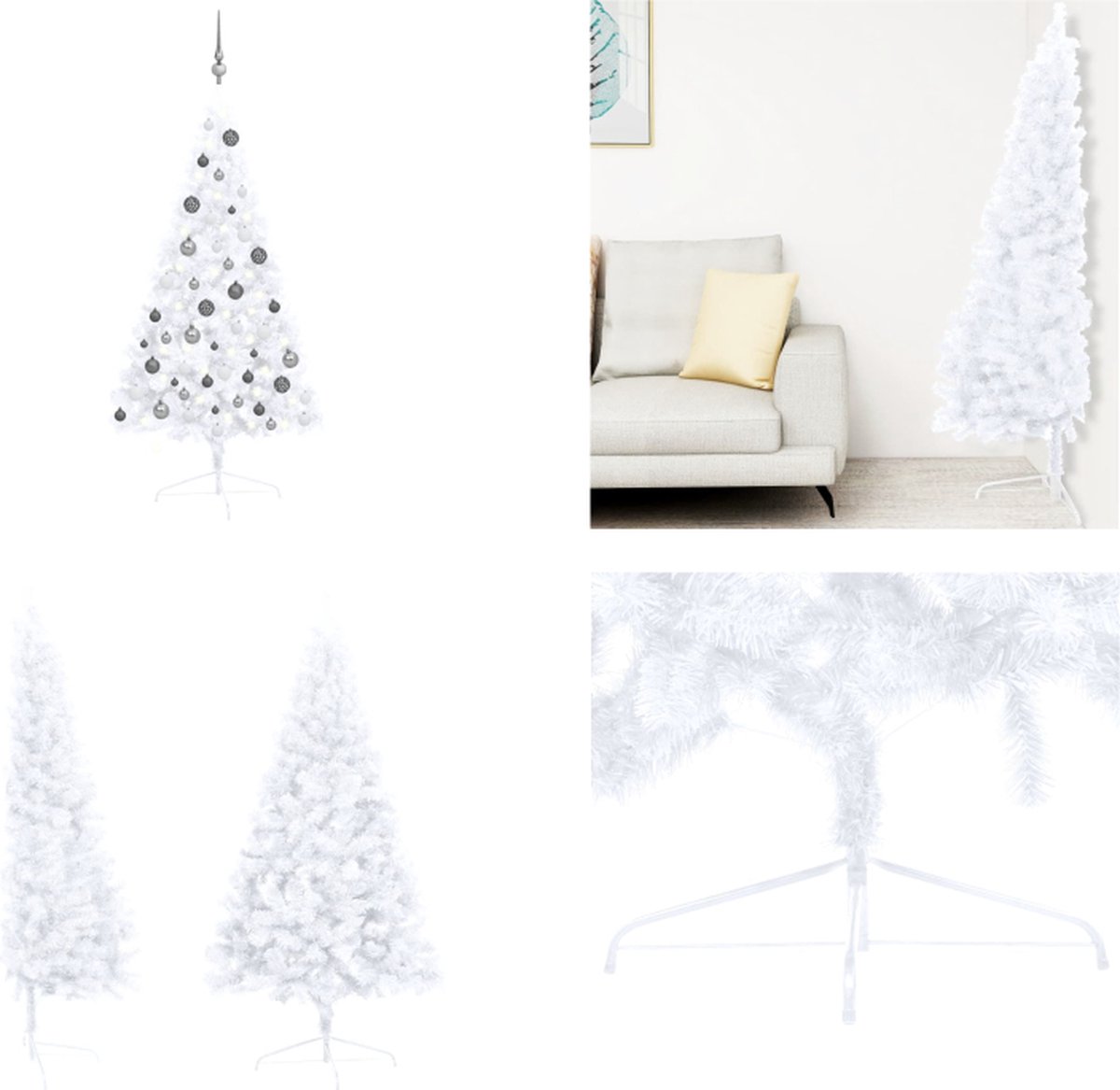 vidaXL Kunstkerstboom met LED's en kerstballen half 120 cm wit - Kunstkerstboom - Kunstkerstbomen - Kerstboom - Kerstdecoratie