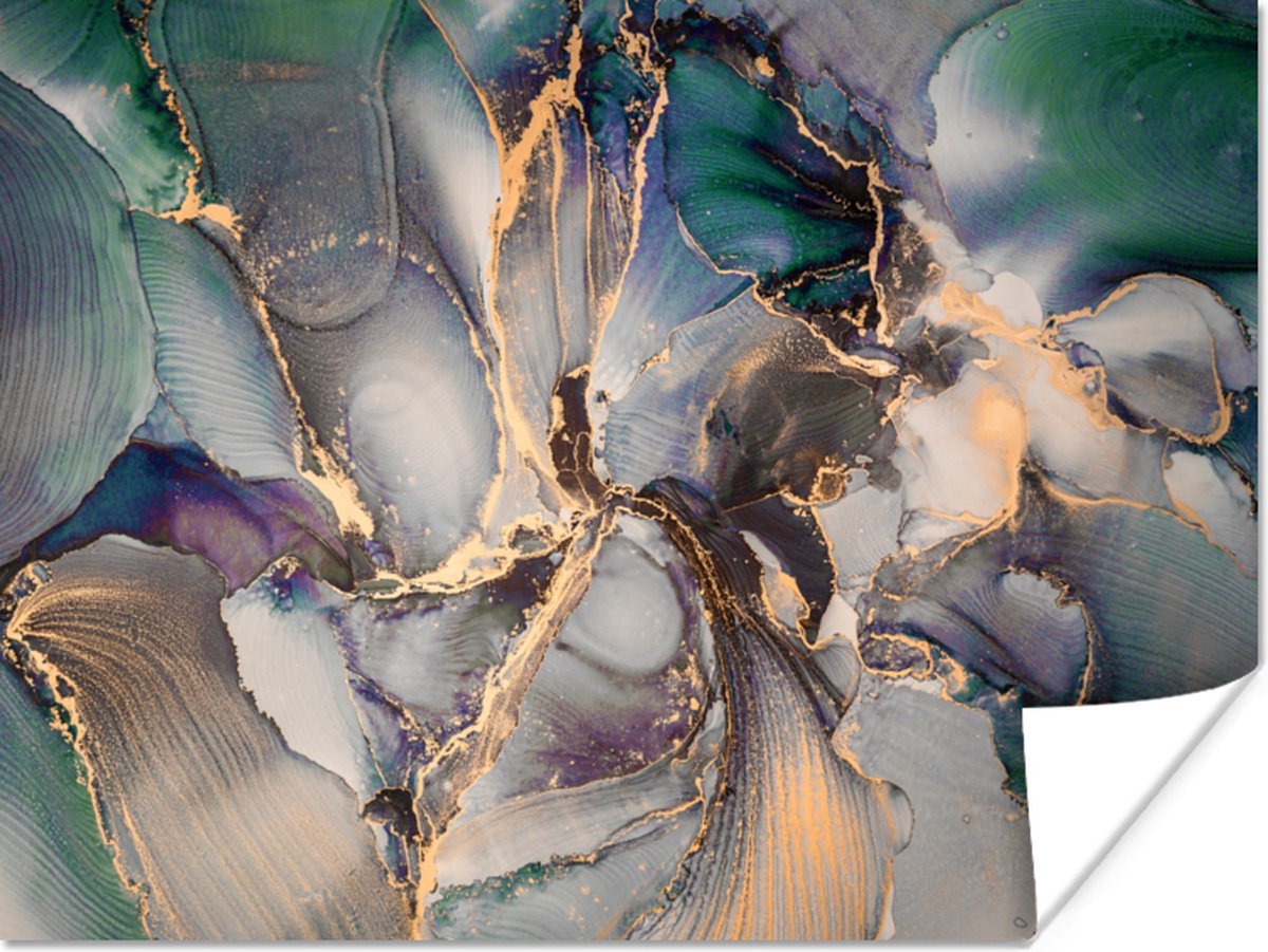 Poster Goud - Blauw - Marmer - 80x60 cm