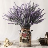 Kunstmatige lavendelbloemen met vaas, kunstmatige lavendelplanten in decoratieve metalen vaas, rustieke vintage bloemen voor thuis boerderijdecoratie (familie, paars)