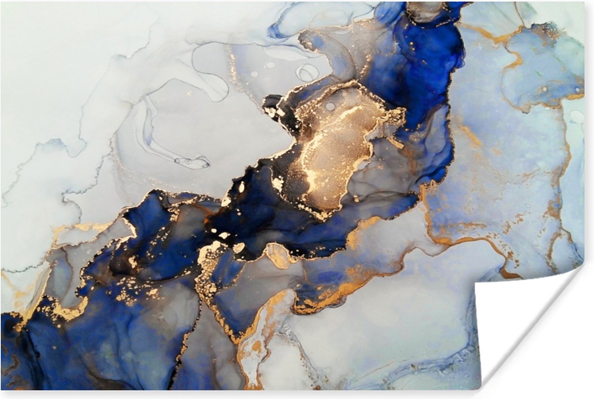 Poster Marmer - Blauw - Goud - 120x80 cm