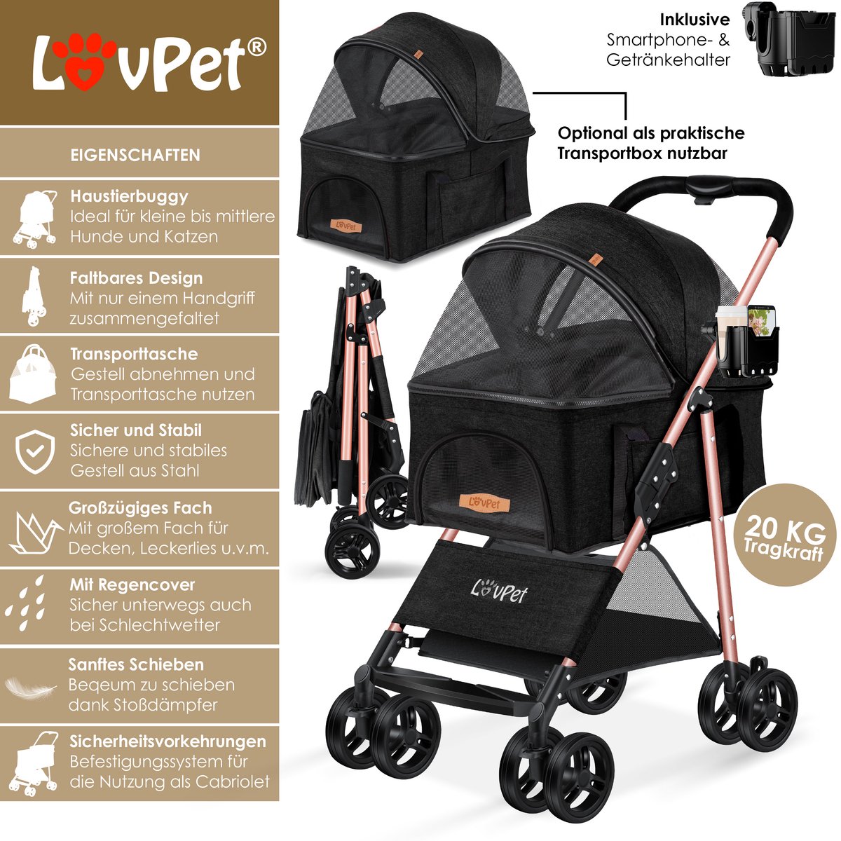 LOVPET® Hondenbuggy 2in1 Huisdieren Wandelwagen Buggy met Transporttas Opvouwbaar tot 20 kg Hondenwandelwagen met Gaasramen & Regenhoes Jogger Kattenbuggy voor Kleine Honden Katten Hondenbox - Zwart – foto 3