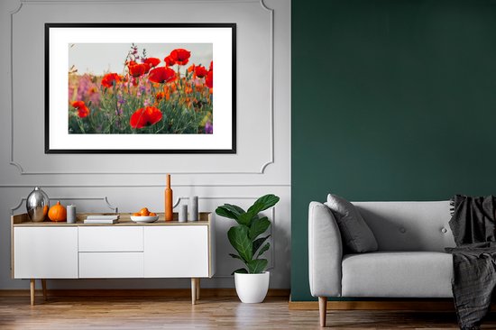 Fotolijst incl. Poster - Klaproos - Bloemen - Rood - Paars - Weide - 120x80 cm - Posterlijst