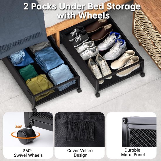 Lot De 3 Boîtes De Rangement Sous Lit Avec Roulettes - 52L, Pliables, Avec Séparateurs - Pour Vêtements, Couettes