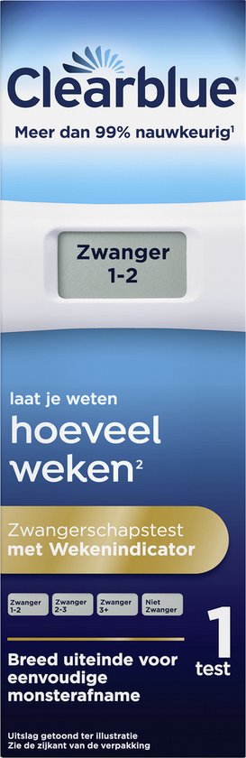 Clearblue zwangerschapstest met wekenindicator, toont "Zwanger 1-2". Brede uiteinde voor monstername.