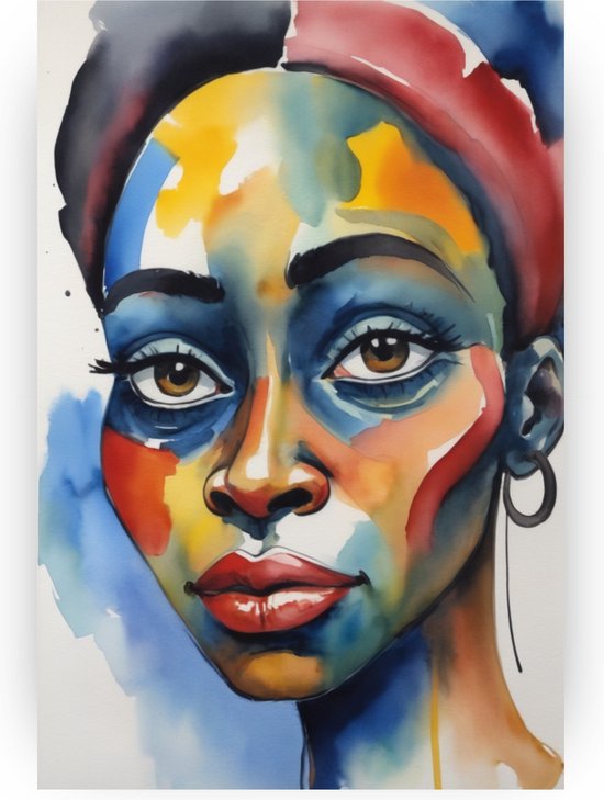 Afrikaanse vrouw in waterverf - Vrouw schilderij - Schilderijen aquarel - Landelijke schilderijen - Schilderijen op canvas - Decoratie woonkamer - 50 x 70 cm 18mm