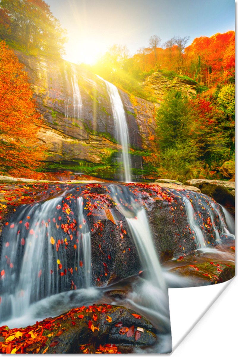 Poster Waterval - Natuur - Herfst - Rood - Water - 60x90 cm