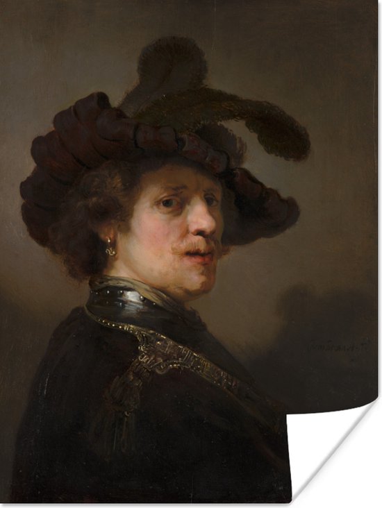 Poster Tronie van een man met gevederde baret - Rembrandt van Rijn - 90x120 cm