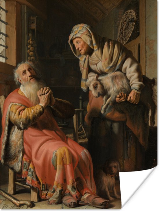 Tobit en Anna met het bokje - Schilderij van Rembrandt van Rijn Poster 30x40 cm - klein - Foto print op Poster (wanddecoratie woonkamer / slaapkamer)