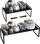 Uitbreidbaar keukenrek, opvouwbare keukenkastplank, keukenkruidenrekorganizer voor serviesgoed en benodigdheden, stapelbare keukenplankorganizer voor meer opslagruimte (zwart, L)