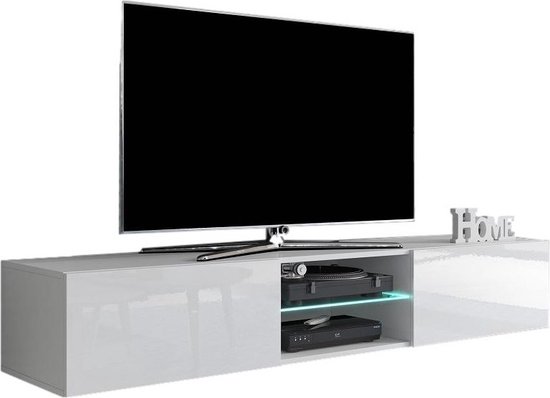 Meuble TV flottant Livo 180 cm de large en blanc avec blanc brillant