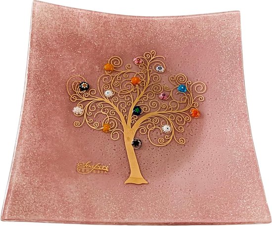 Dienblad voor persoonlijke spullen met levensboom in Muranoglas, Murrines en goud, cadeau-idee, dienblad, decoratieve herinneringen voor ceremonies (19x19 cm).