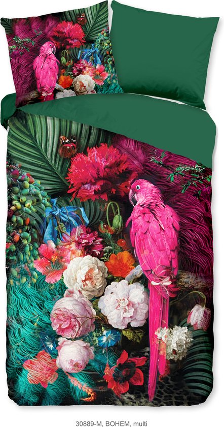Pure Dekbedovertrek "bloemen, bladeren en een papagaai" - Multi - (140x200/220 cm) - Microfiber