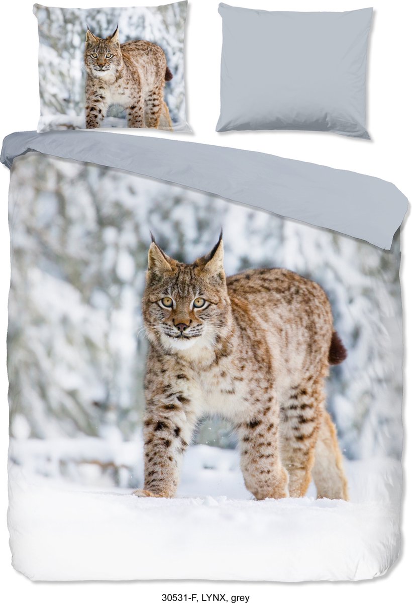 Good Morning Dekbedovertrek "Lynx in de sneeuw" - Grijs - (240x200/220 cm) - Katoen Flanel