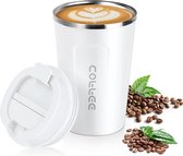 Premium RVS Koffiebeker To Go - 380ml -Thermosbeker met deksel - Theebeker - Travel Mug Koffie en Thee - RVS - Herbruikbare Koffiebeker - Lekvrij - Wit