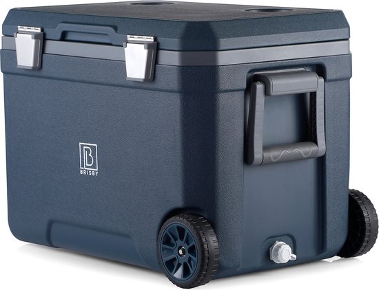 Gesloten blauwe koelbox met wielen, handgrepen en een aftapkraantje aan de zijkant.