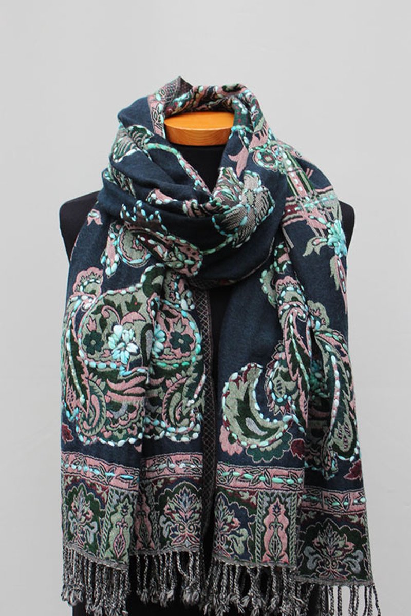 Wollen geborduurde sjaal en omslagdoek Donkerblauw-Groen 70 x 185 cm