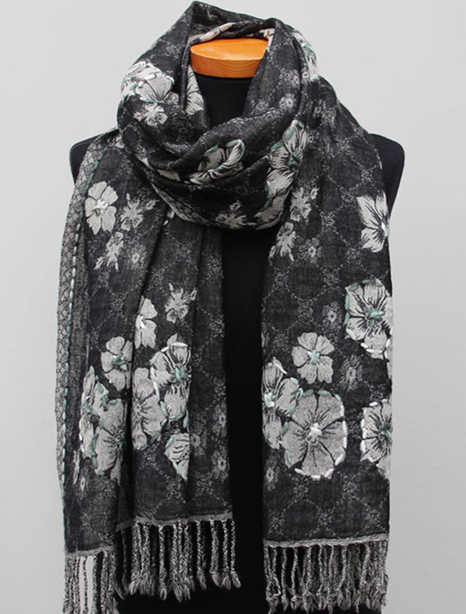 Wollen geborduurde sjaal en omslagdoek Zwartgrijs Bloem 70 x 185 cm