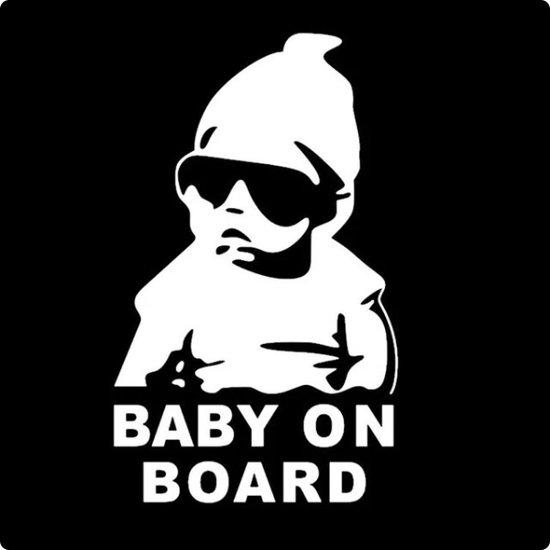 Witte 'Baby On Board'-sticker met een baby in zonnebril en muts, op zwarte achtergrond.