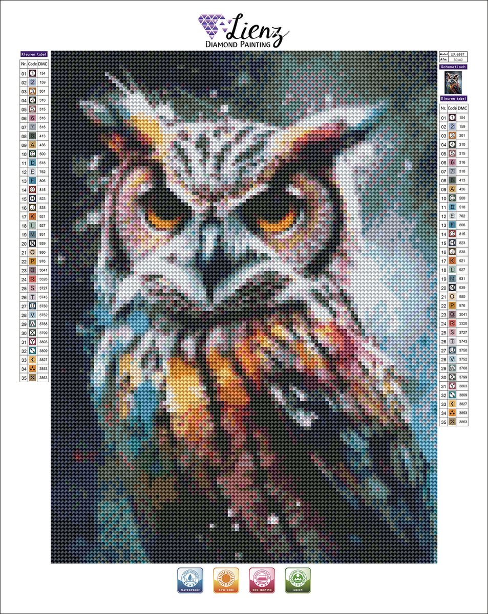 Lienz® Diamond Painting volwassenen 30x40cm – Rond – Uil – Volledig - Pakket Volwassenen — afbeelding 2