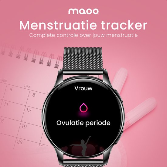 Maoo Ventura AMOLED Smartwatch Dames - RVS en 4x Siliconen Bandje - Stappenteller - Hartslagmeter - Slaapmonitor - Multisport - Geschikt voor Android en iOS - Zwart