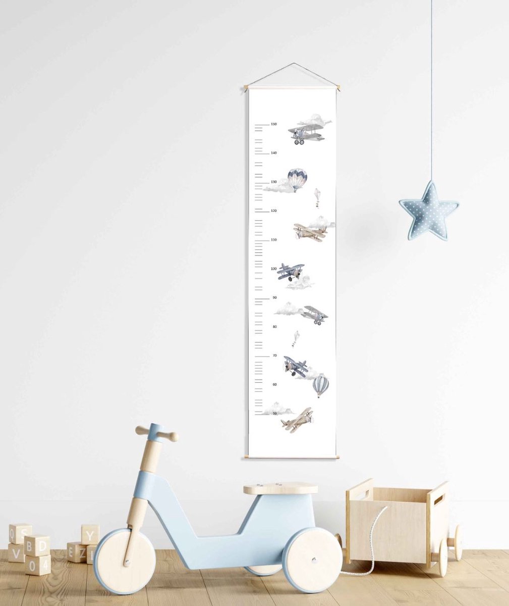 Groeimeter vliegtuig - luchtballon - Wit - Babykamer - Kinderkamer - 120x30 cm - Kinderkamer decoratie - Wanddecoratie - Kraamcadeau