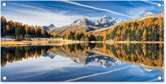 Tuinposter Alpen - Bergen - Bos - 80x40 cm - Wanddecoratie Buiten - Tuinposter - Tuindoek - Schuttingposter - Tuinschilderij