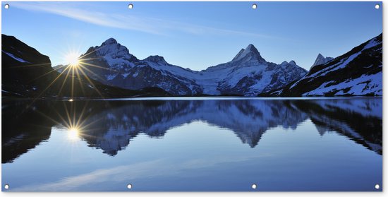 Wanddecoratie buiten Alpen - Berg - Water - Sneeuw - 160x80 cm - Tuindoek - Buitenposter