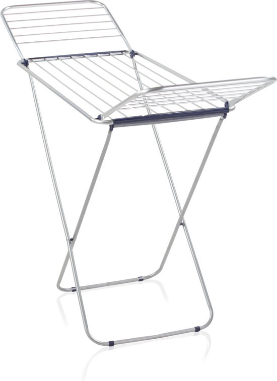 Zilverkleurig droogrek met blauwe accenten, in uitklapbare A-vorm.