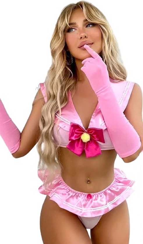 Luxe 4-delige Roze anime rollenspel set - Mini rokje - Erotische slip - BDSM Handschoenen - Beha topje met bloem - Sexy outfit - Uitdagend