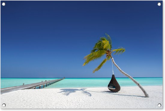 Tuinposters buiten Hangmat - Palmboom - Strand - 90x60 cm - Tuindoek - Buitenposter