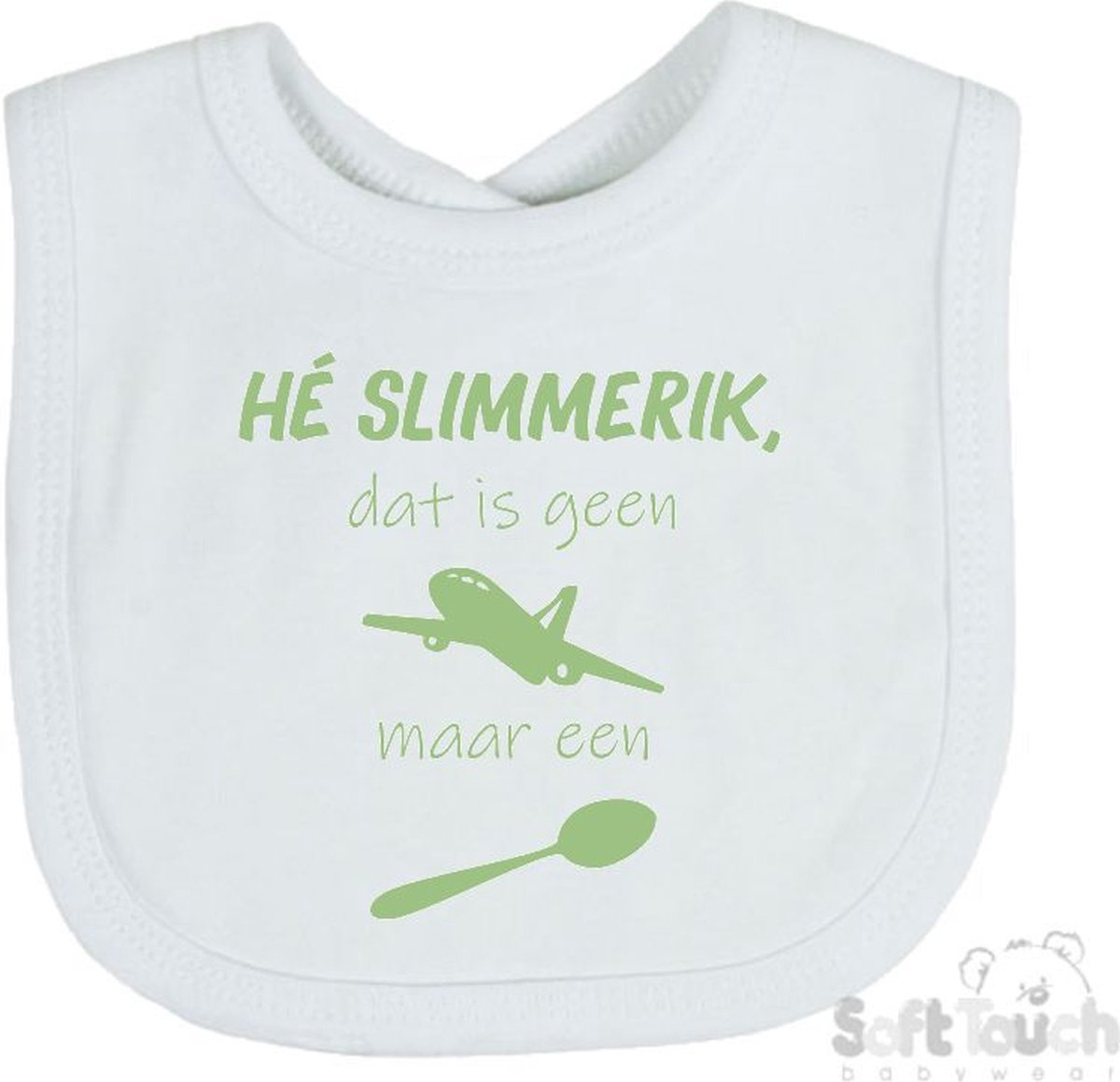 Goedkoopste Soft Touch Slabber Slabbetje Slab He slimmerik, dat is geen vliegtuig maar een lepel Unisex Katoen Wit/sage green (saliegroen) Maat 33x22 Cm