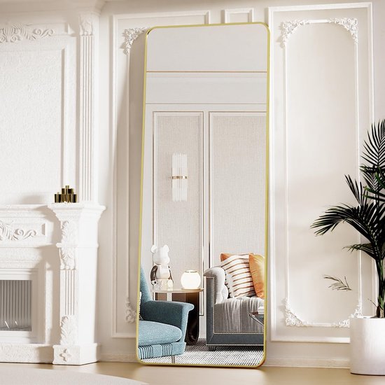 Staande spiegel met afgeronde hoeken, 53 x 163 cm ronde hoeken, full-body spiegel met standaard, grote vloer, staande spiegel, volledige spiegel, wandhanger voor slaapkamer, woonkamer, goud