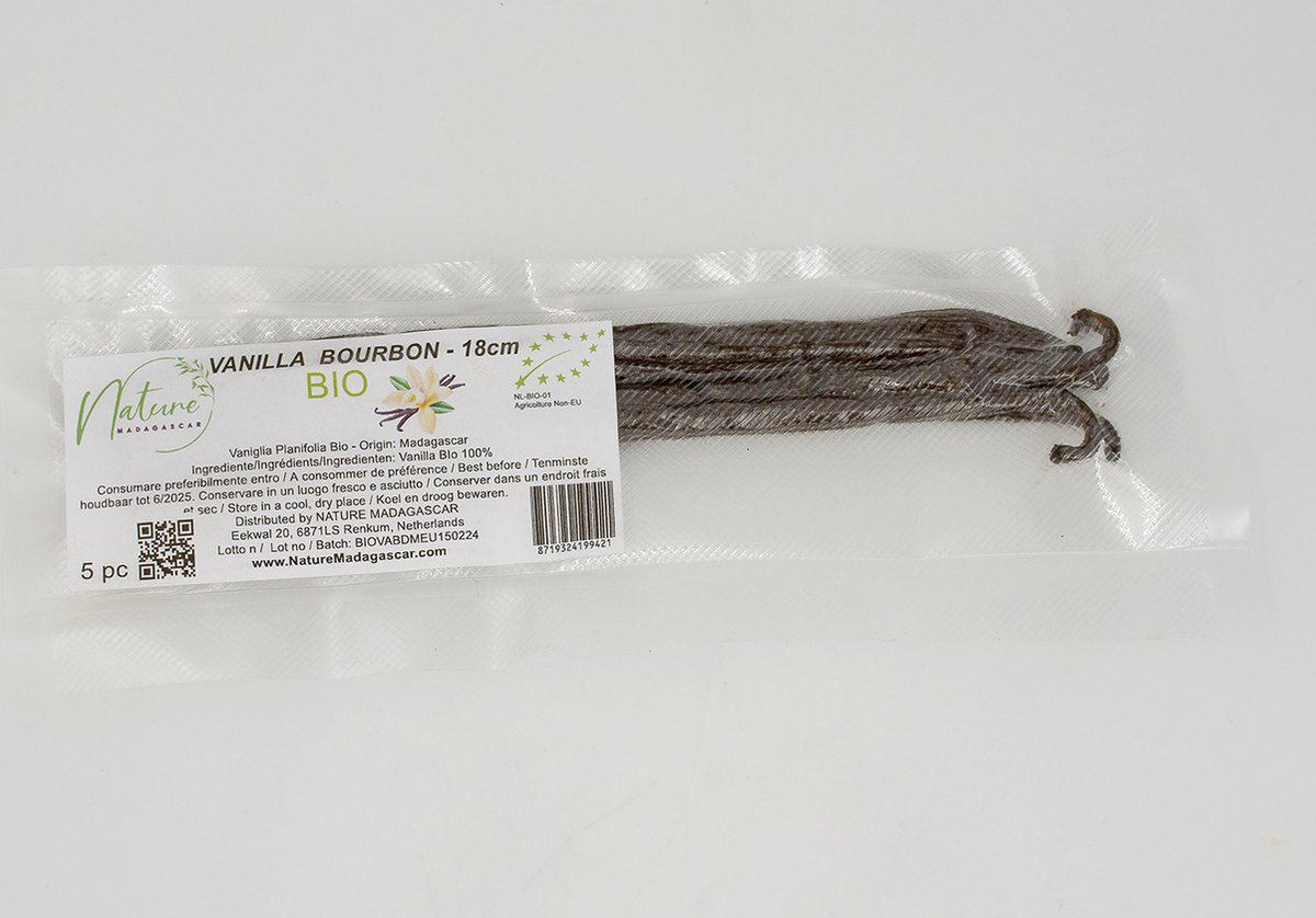 Vanillestokjes - Premium Grade A Bourbon Madagaskar Biologisch - 5 stuks - 18 cm - NL-BIO-01