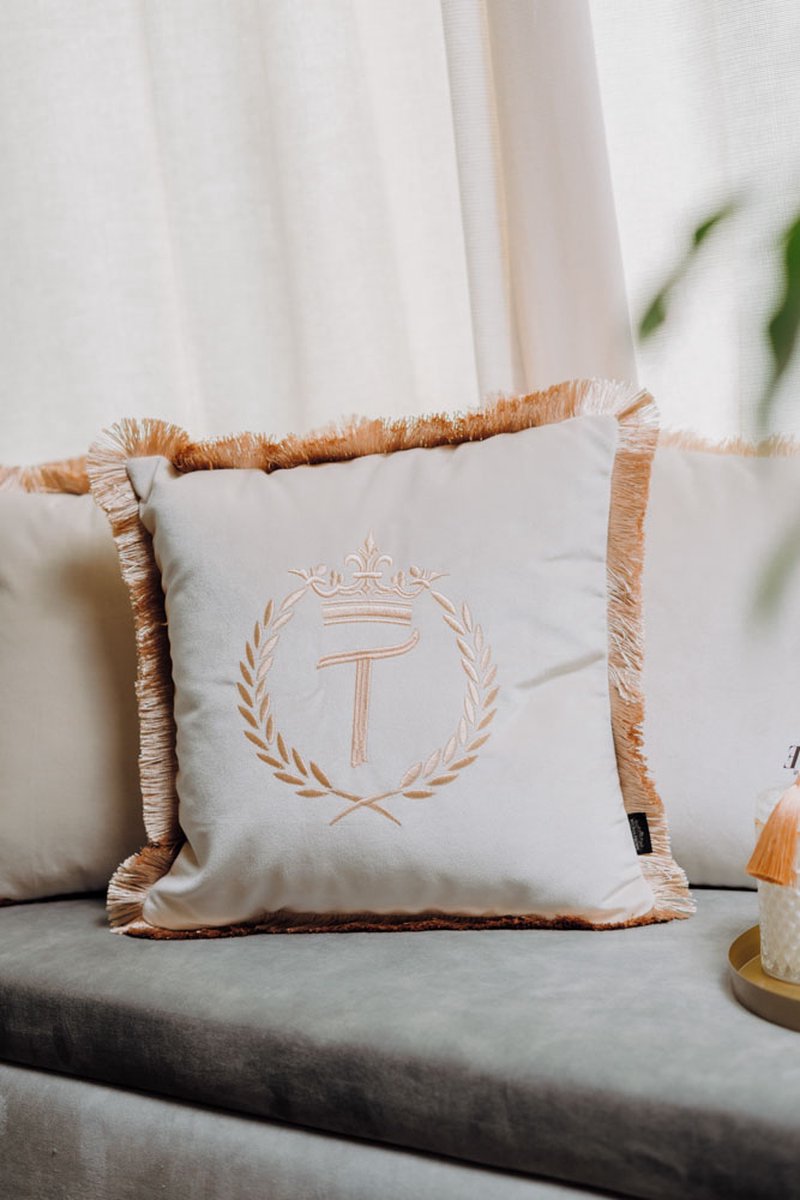 Embroidered pillow / personalised pillow / monogram pillow / decorative cushion 40x 40 beige velvet letter T