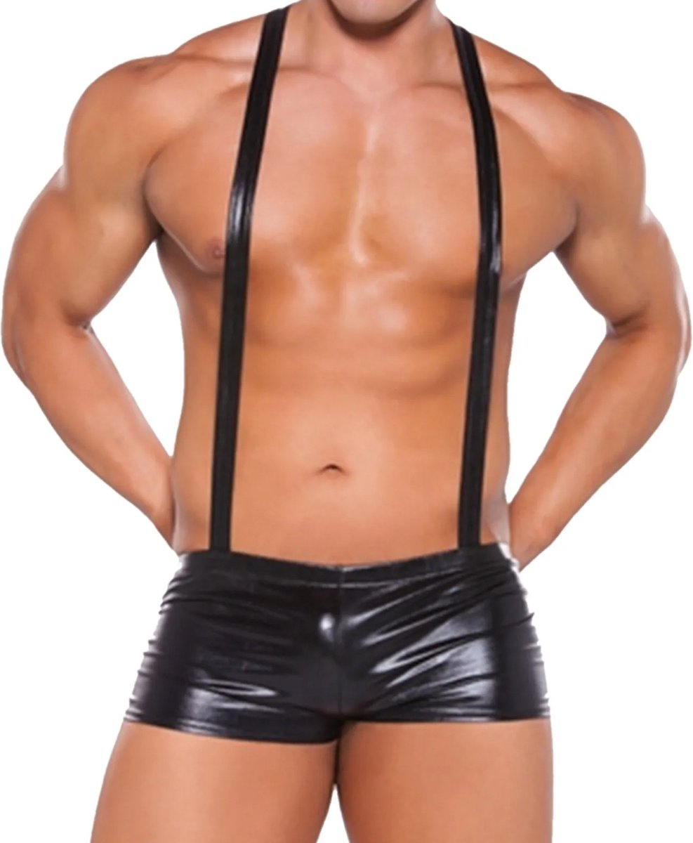 Goedkoopste Uitdagende PU lederen BDSM boxershort me bretels - Kunst leer - Erotische mannen ondergoed - Nachtkleding - Rollenspel - Sexy outfit - Clubwear