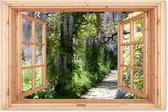 Tuinposter doorkijk - Lichtbruin raam - Tuindecoratie blauwe regen - 180x120 cm - Tuinschilderij voor buiten - Tuindoek - Wanddecoratie tuin - Schuttingdoek - Balkon decoratie groen - Muurdecoratie - Buitenschilderij
