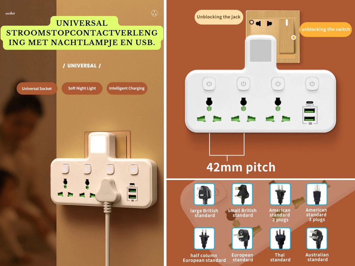 Universeel Veelzijdige Elektrische Wandcontactdoosverlenger met USB & LED Nachtlampje