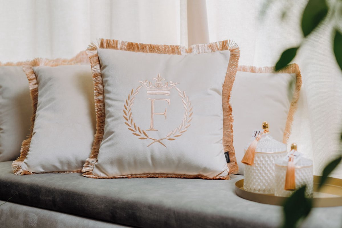 Embroidered pillow / personalised pillow / monogram pillow / decorative cushion 40x 40 beige velvet letter F