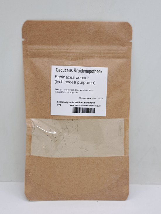 Bruine papieren zak met een etiket erop. Bevat Echinacea poeder (Echinacea purpurea) 50g. Instructies: Meng 1 theelepel door vruchtensap, smoothies of yoghurt.