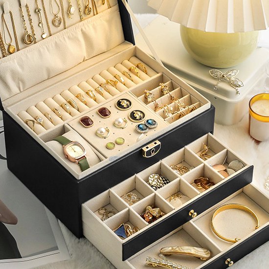 Luxe Juwelendoos XL - Sieradendoos - Zwart - 3 lagen - Oorbellen - Kettingen - Armbanden - Ringen - Opbergbox