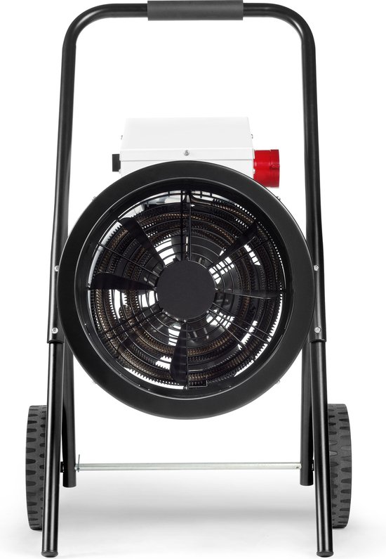 Elektrische kachel op wielen met zwart frame, witte behuizing en rood stroomaansluitpunt aan de achterzijde.