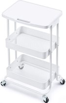 Opbergwagen met 3 niveaus en tafelblad, multifunctionele metalen trolley voor keuken, huis, kantoor, badkamer