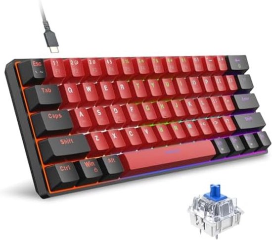 Gaming Toetsenbord 60% - Gaming Keyboard 60% - Gaming Toetsenbord 60 Procent - Gaming Toetsenbord Meganisch - Blauw - Zwart - Rood