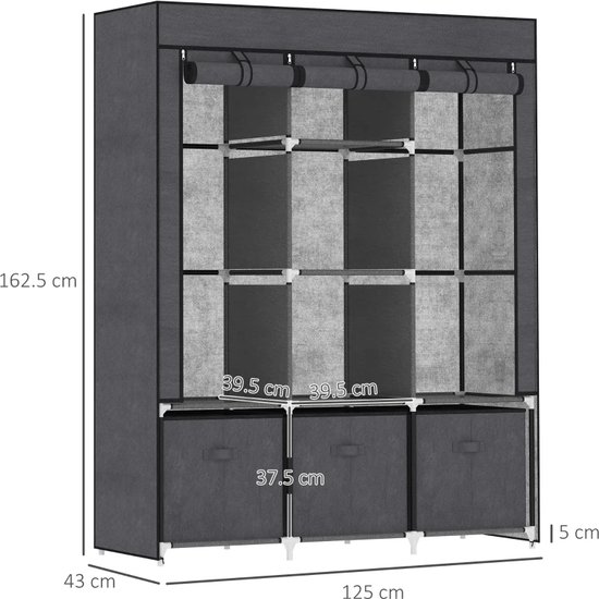 LANTUS Opvouwbare stoffen opbergkast, metalen frame, XL kledingkast voor slaapkamer, doe-het-zelf, binnen, kledingkast voor kast, camping (172 x 134 x 43 cm (zwart