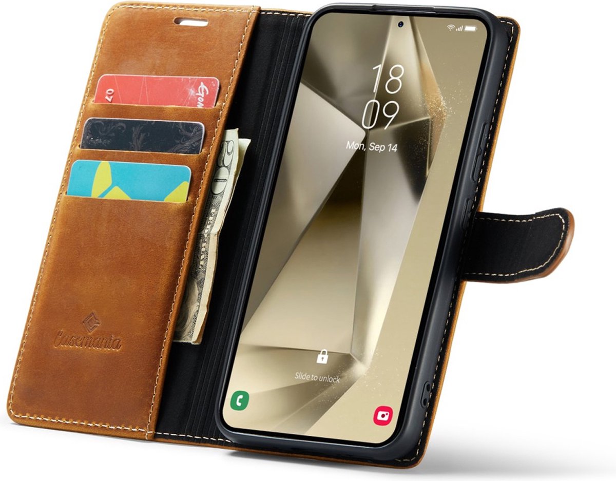 CaseMania Bookcase hoesje geschikt voor Samsung Galaxy S24+ - Effen Cognac - Leer