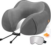 BOTC Nekkussen - Travel Pillow - Memoryfoam - Luxe Reiskussen Set - Inclusief Oordoppen en Slaapmasker- Vliegtuig & Auto - Grijs