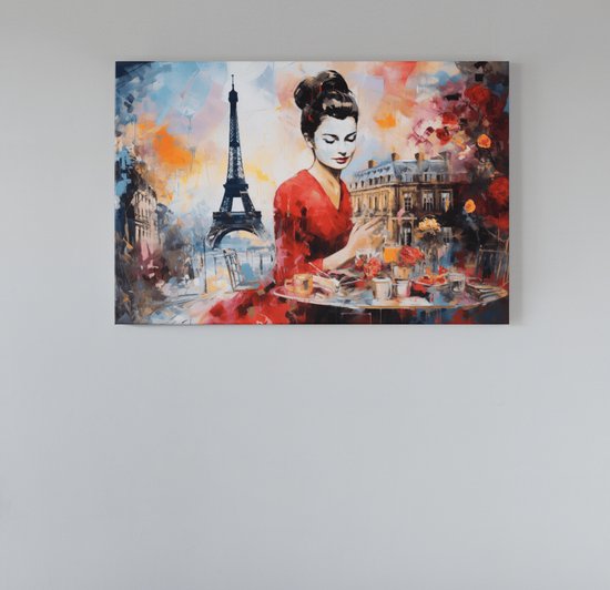 Canvas Schilderij - Eiffeltoren en Vrouw - Kunst - 60x40x2 cm