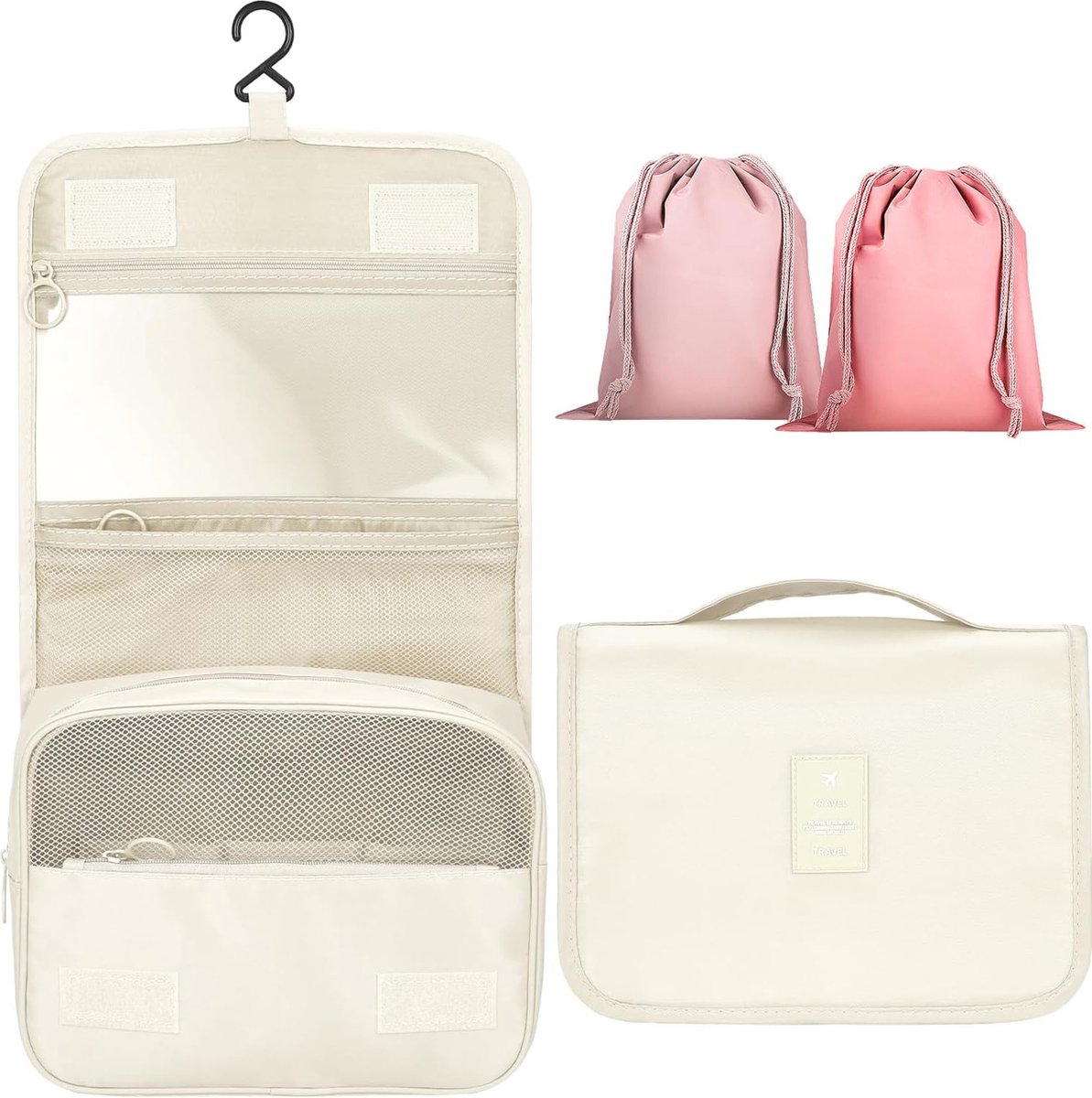 Toilettas, 9 stuks, toilettas om op te hangen, waszak met reisfles voor make-up en wasaccessoires, mannen en vrouwen op reis of voor dagelijks gebruik, beige