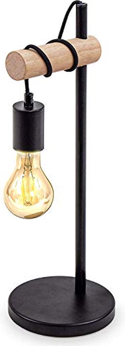 Delaveek-Ronde houten Staande Tafellamp - E27 Kop - Hout en Metaal - Zwart - Voor Slaapkamer, Kantoor, Slaapzaal