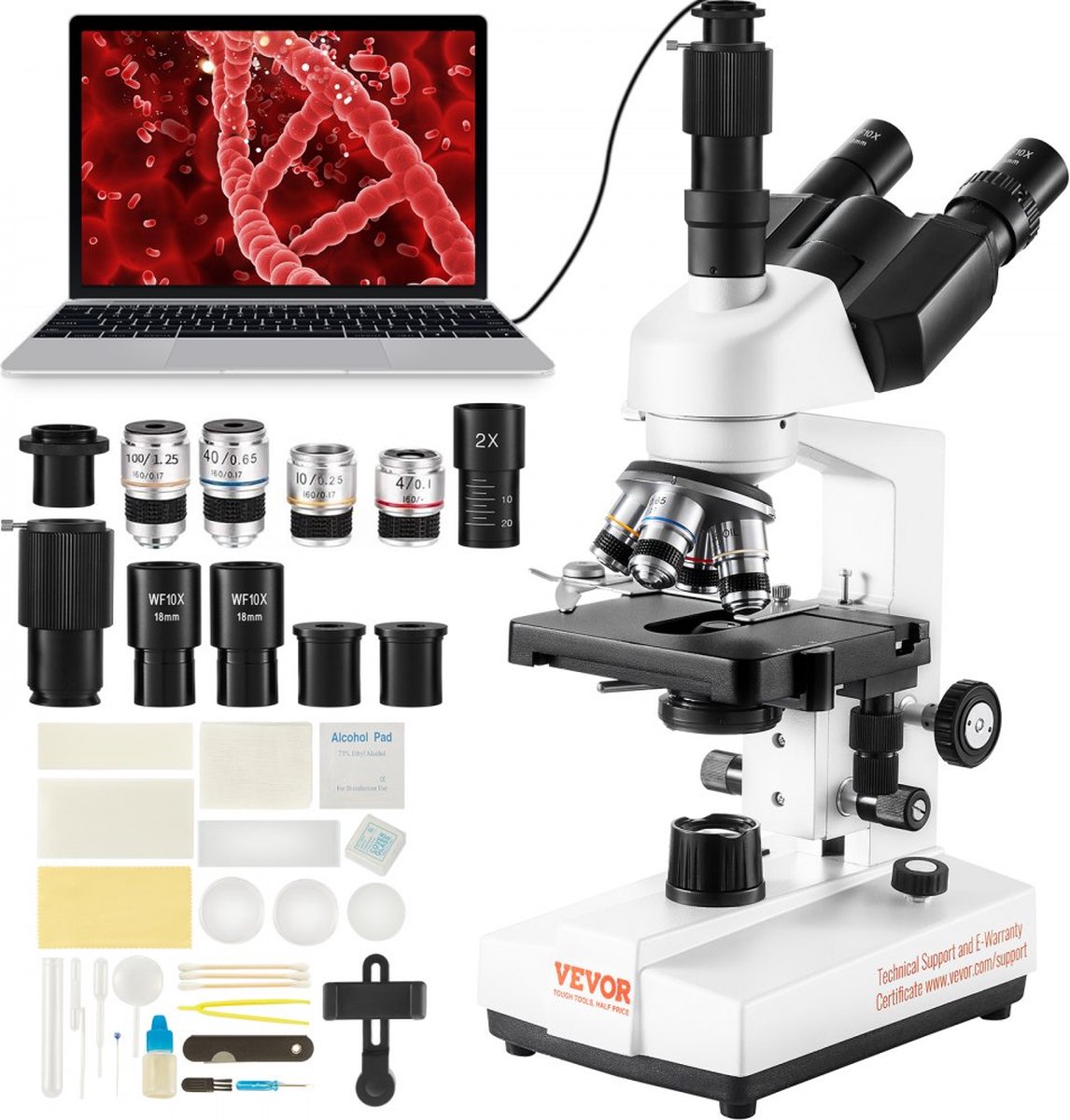 Trinoculaire microscoop 10X, 25X, 2X Hulplens Samengestelde microscoop, lenzen 4X, 10X, 40X, 100X, Laboratorium gereflecteerd lichtmicroscoop Vergroting 40-5000, 100-240 V Laboratoriummicroscoop Samengestelde microscoop